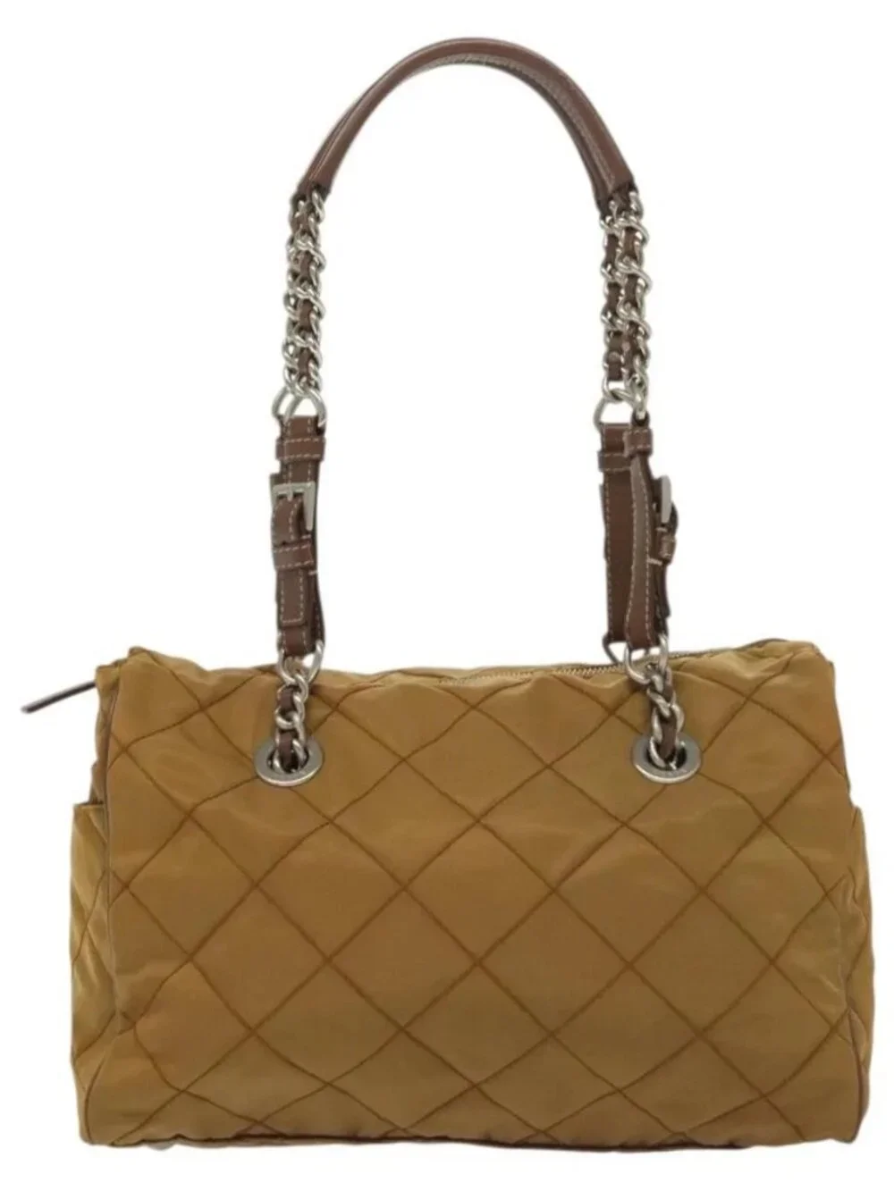 PRADA Chain Shoulder Bag Nylon Beige Silver Auth 140091